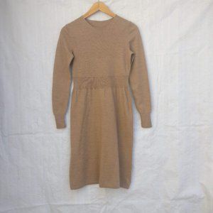 Simple Wool ribbed Knit Sweater Dress 100% Merino Wool, Camel brown